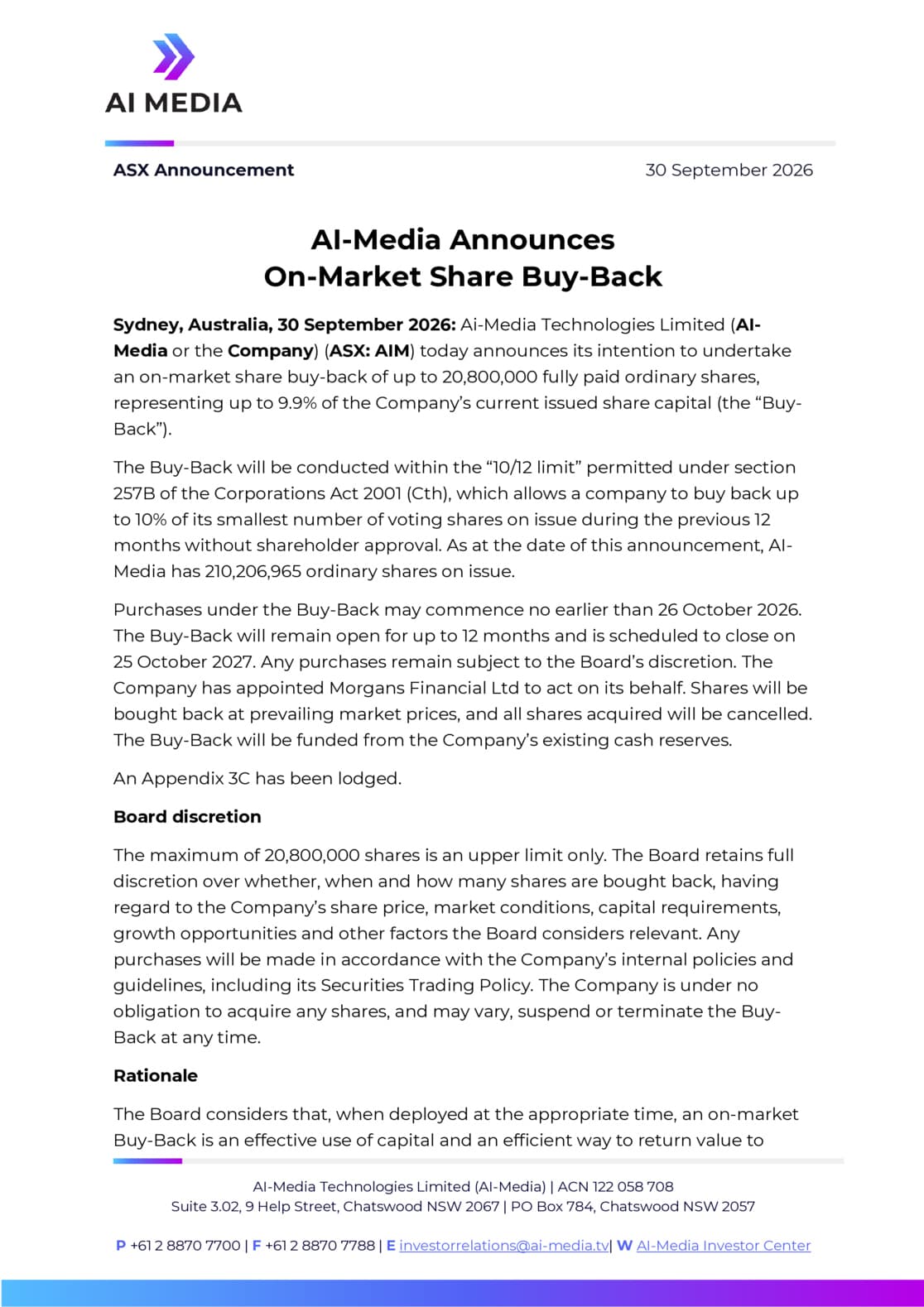 AI-Media Announces On-Market Share Buy-Back
