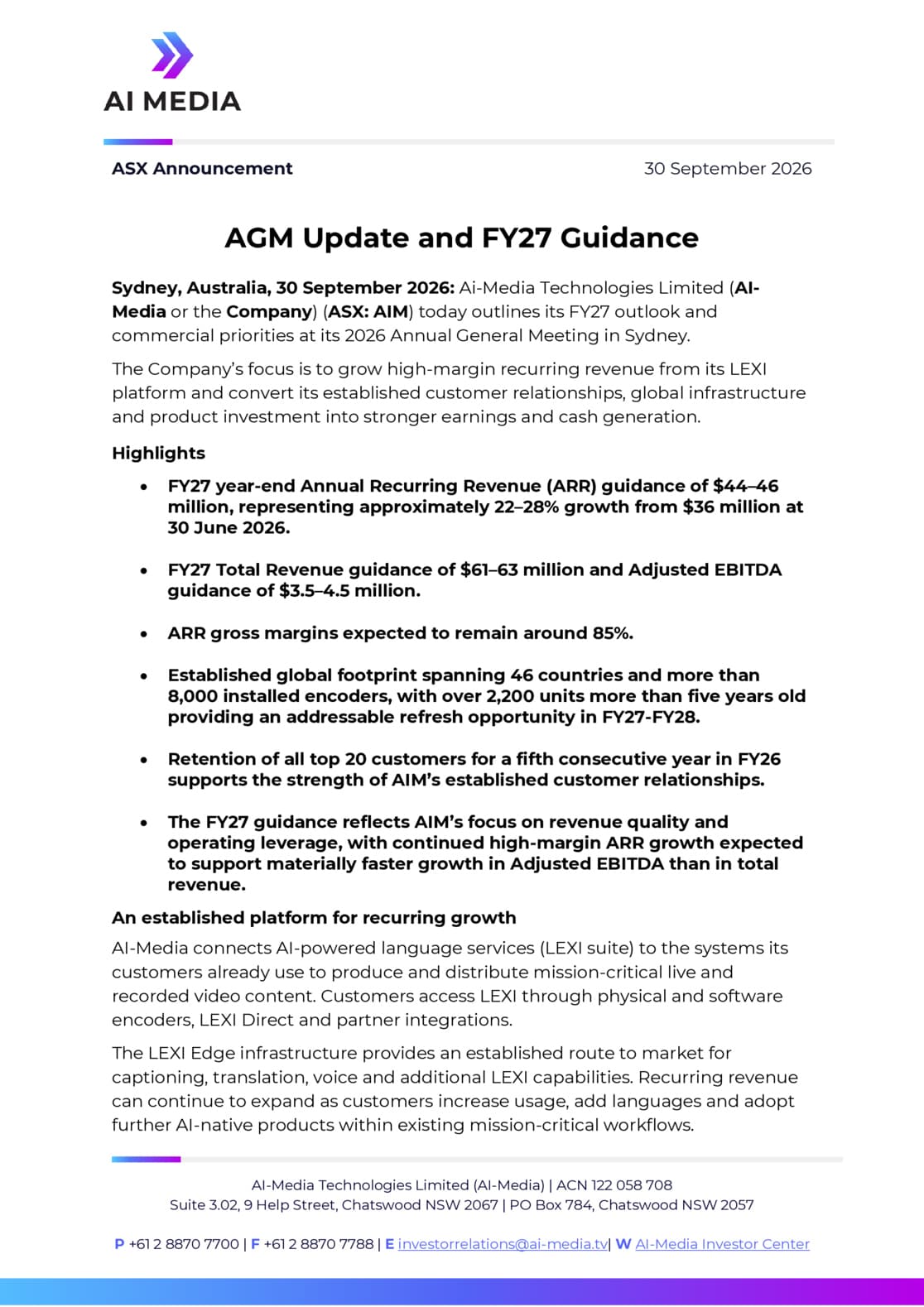 AGM Addresses, Presentation and FY27 Guidance